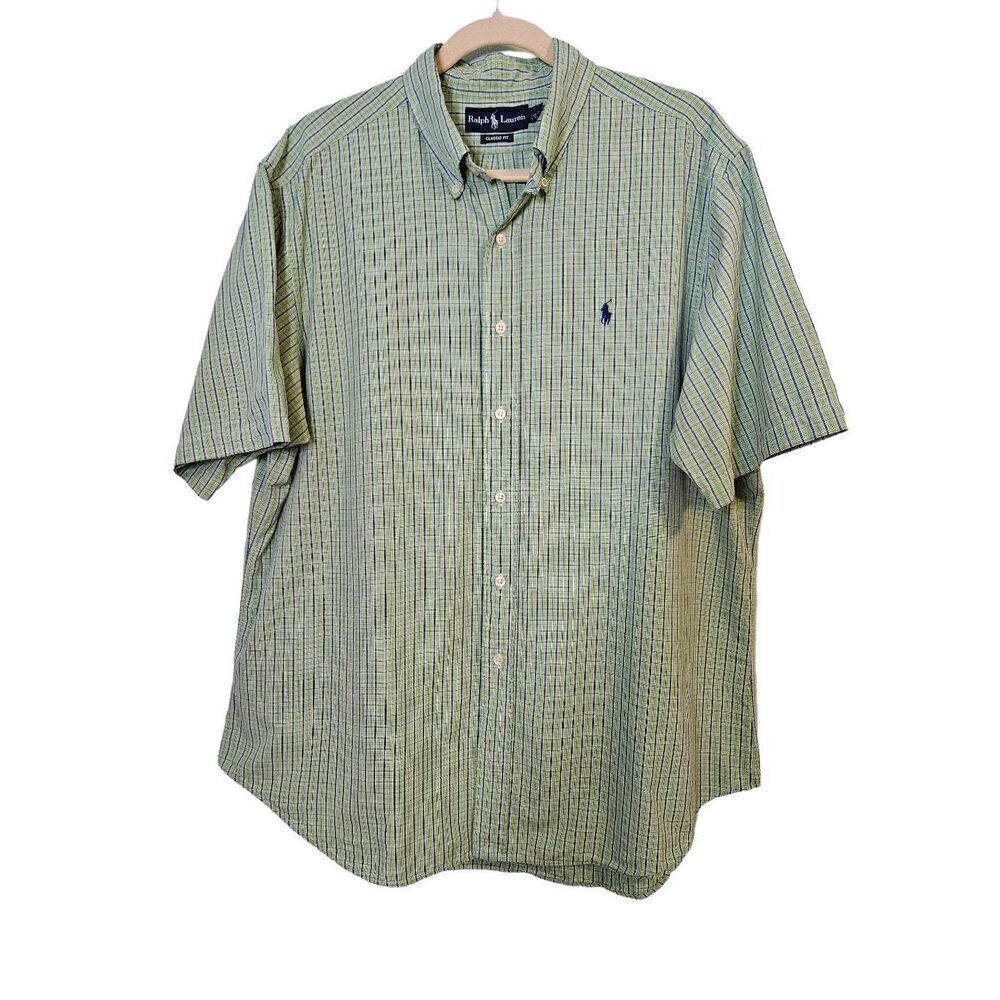 Ralph Lauren classic fit green and blue short sleeve button down shirt. Size XL.